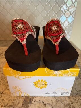Yellow Box Black Platform Thong Sandals with Red Crochet Accents